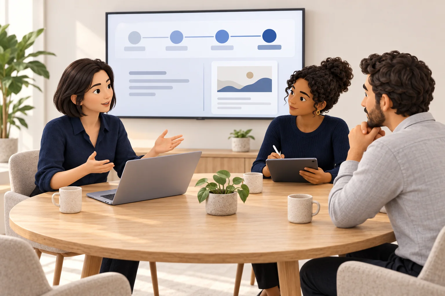 Illustration : trois professionnels échangent autour d’un workflow numérique, avec un ordinateur et une tablette.